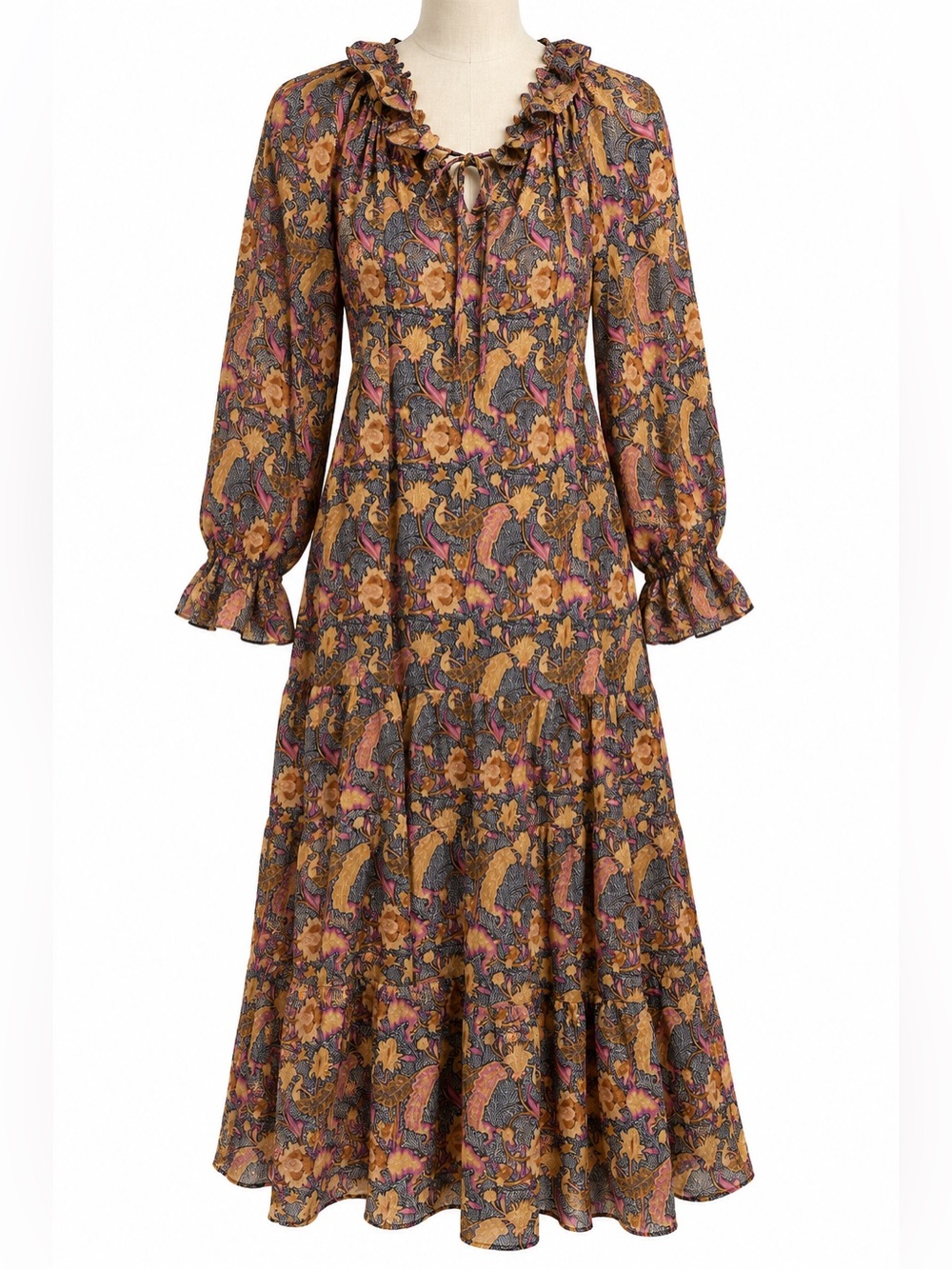 MELLODAY Floral Ruffle Tie-Neck Midi Dress in Mustard and Pink